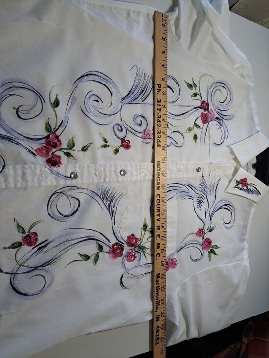 Hand-Painted Creative Artwear White Button-Up Shirt  Floral  Bird Women's Med - Picture 8 of 12